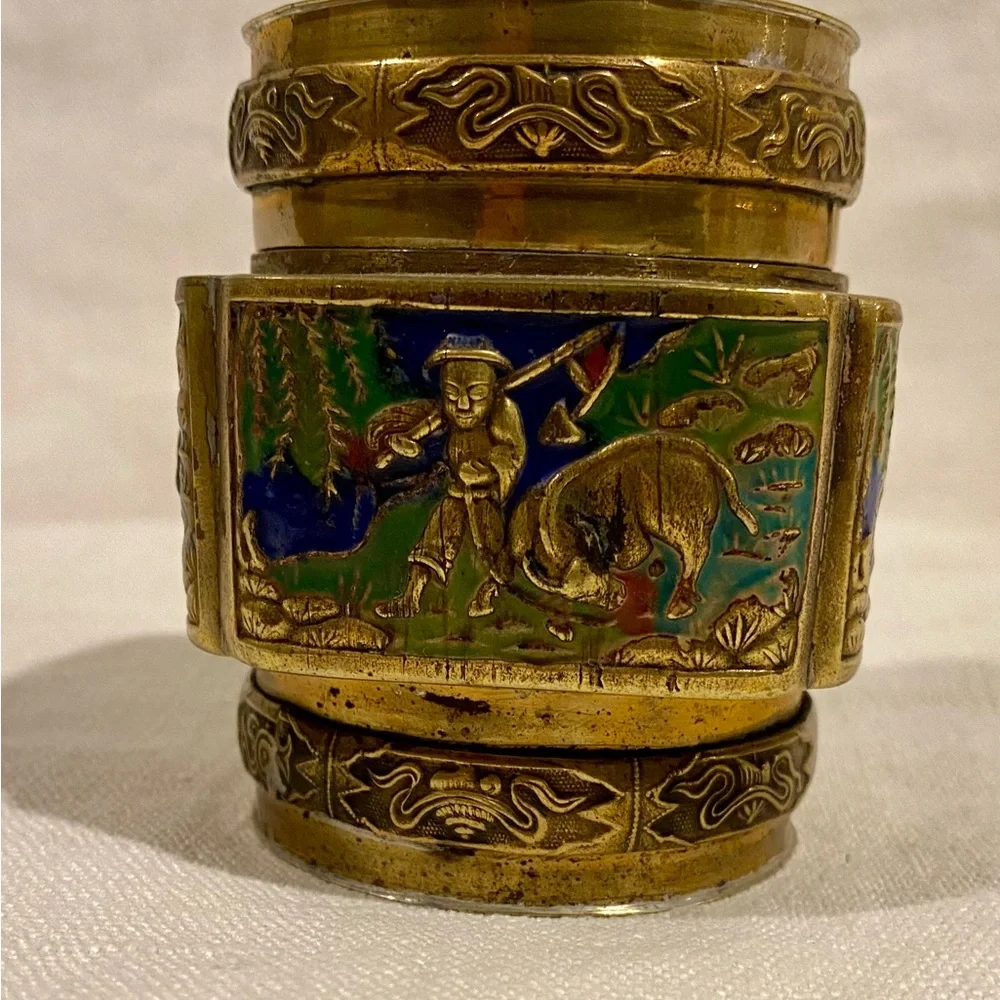 Vintage Chinese brass tea caddy - trinket box - enameled imagery